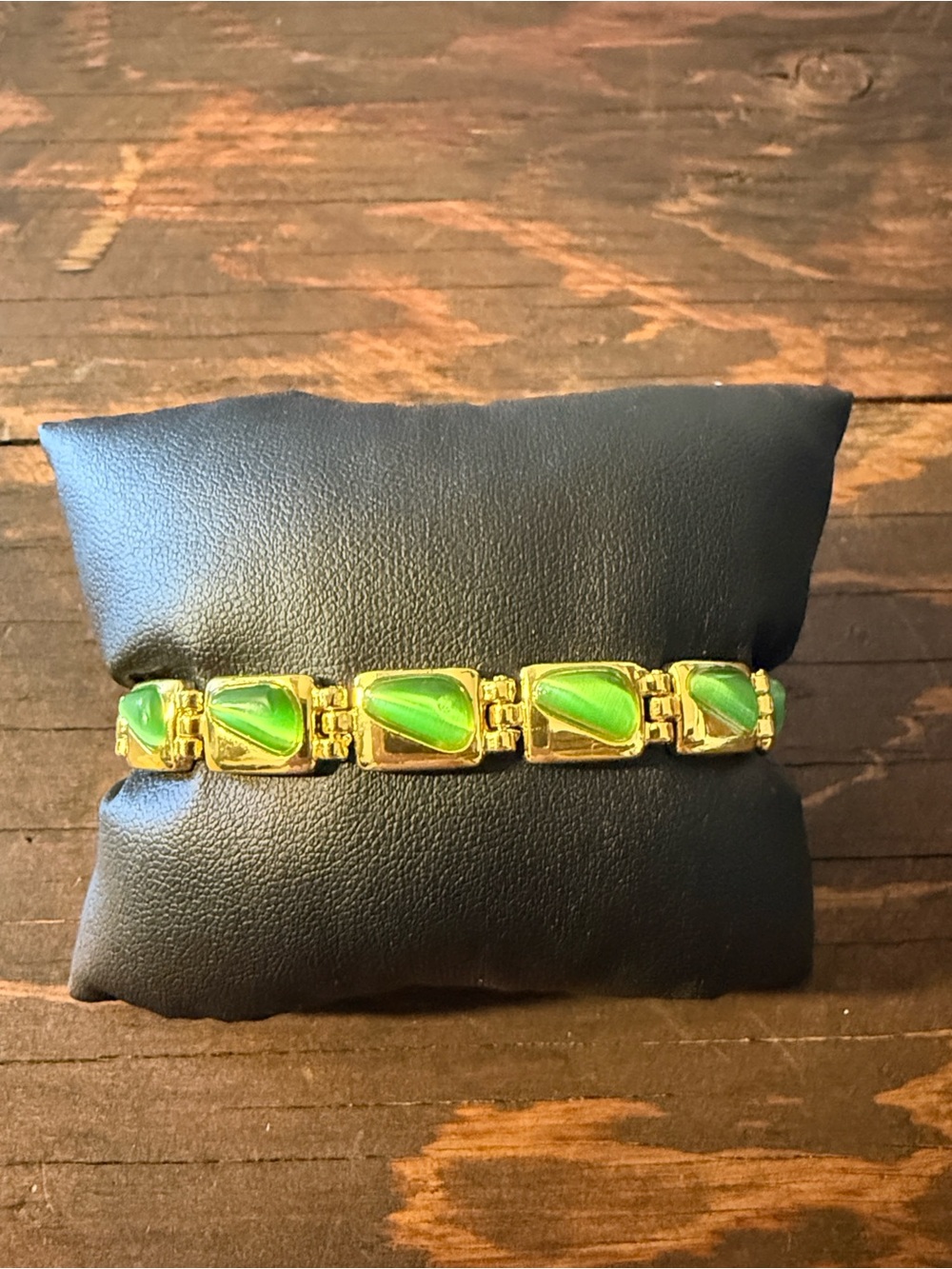 Gold Tone Plated Magnetic bracelet with green cat's eye stones